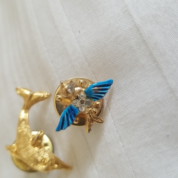 Gold Bluebird Dolphin Rhinestone Lapel Pins Brooch - Picture 2 of 6